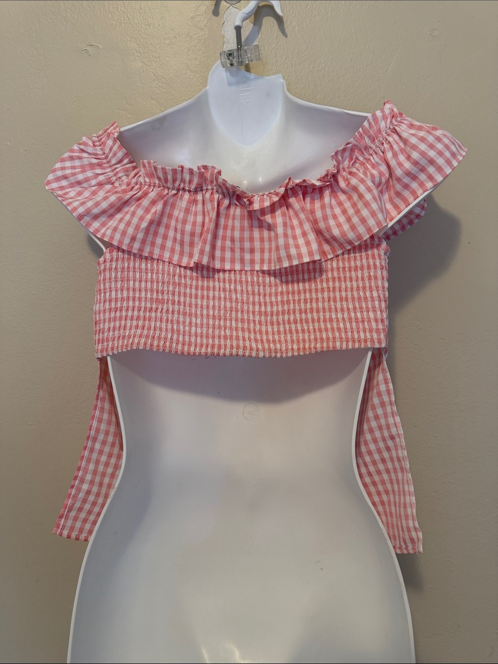 Pink Gingham Ruffle Off-Shoulder Blouse - Picture 2 of 2